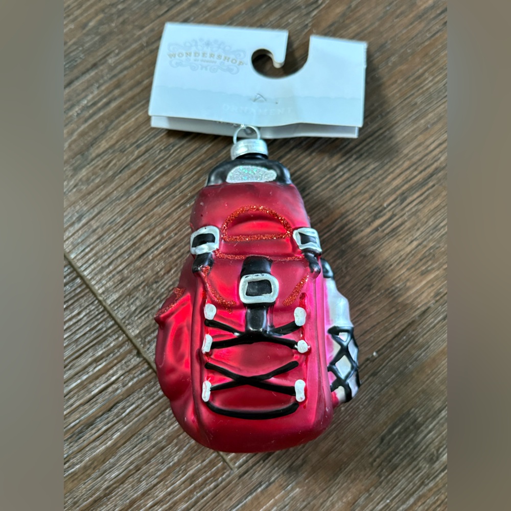 New with tags Target brand backpack hiking red glass Christmas ornament.